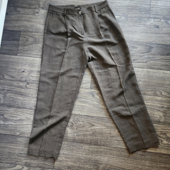 NWT Massimo Dutti High Rise Linen Blend Ankle Length Trousers Olive Green Size 8